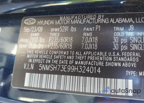 2009 Hyundai Santa Fe Limited from USA, damaged, VIN 5NMSH73E99H324014